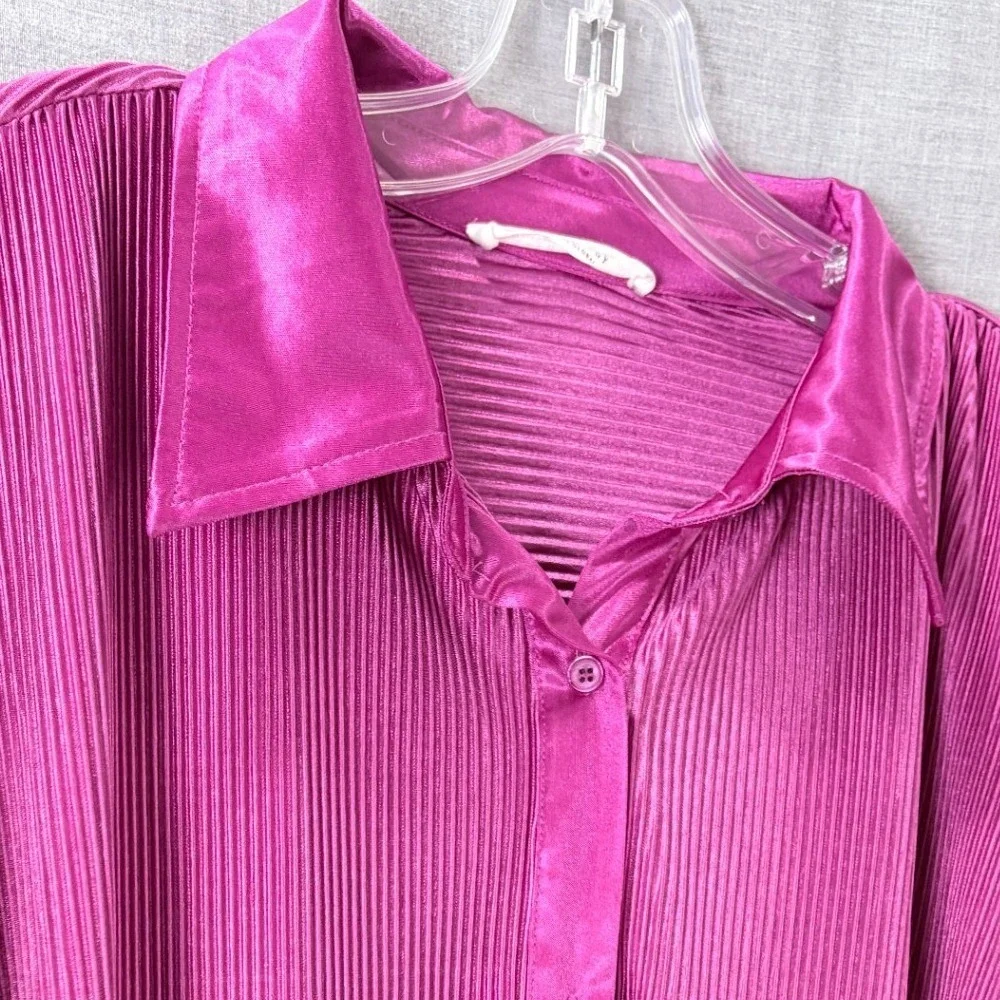 12th Tribe Magenta Pink‎ Plisse Pleated Shirt Dress Oversized Tunic L